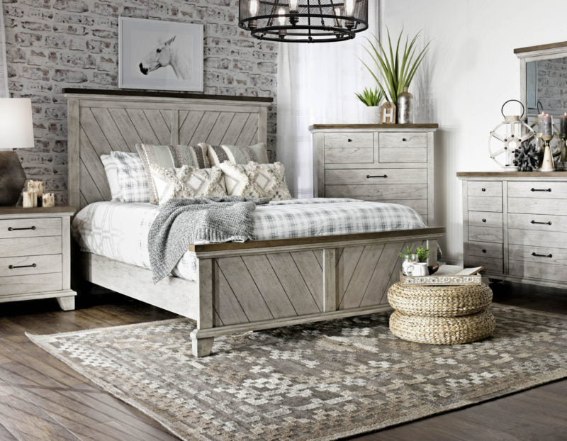 A rustic, farmhouse-inspired bedroom, Bear Creek features a white-smoke finish that contrasts beautifully with honey-smoke stained tops and cap rails. The chevron patterned headboard and footboard is offered in King and Queen sizes and the bedroom collection offers a variety of storage items with ultra-deep drawers supported by side drawer glides for easy operation.
